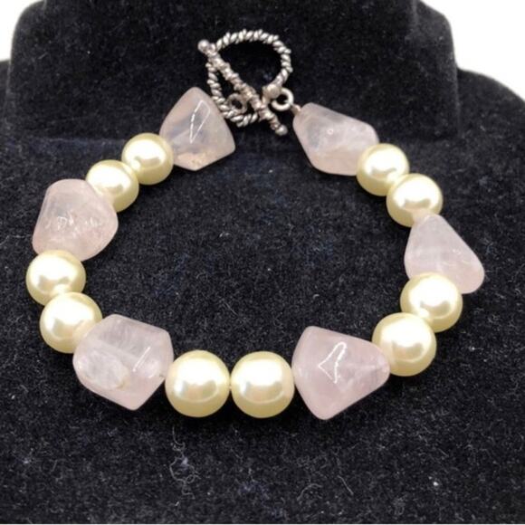 Handmade Vintage Inspired Faux Pearl Pink Gemstones Necklace & Two Bracelets Set - Picture 11 of 16
